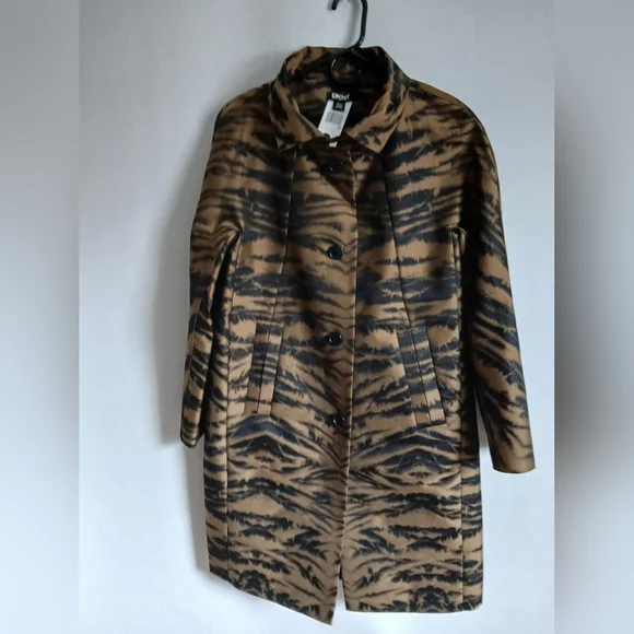 DKNY Black & Brown Animal Print Mid Length Lightweight Coat SzS Pockets - Picture 8 of 16